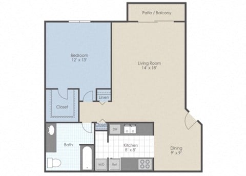 Floor plan for 1 bed, 1 bath, 710 sqft